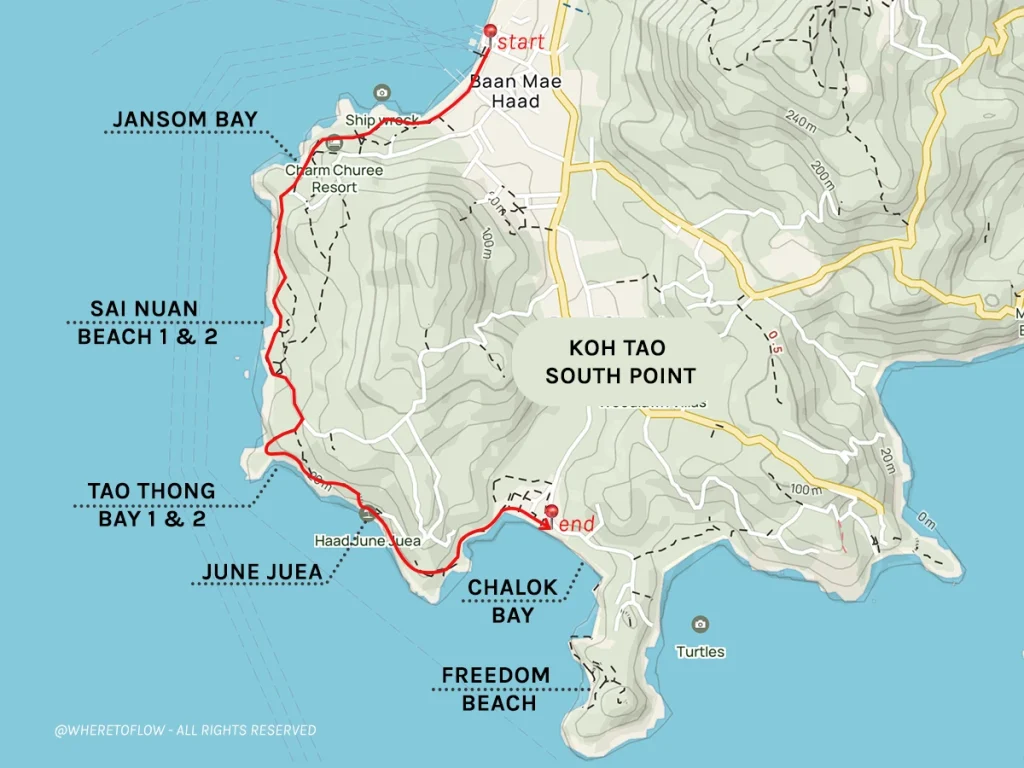 Koh Tao Hiking Trail Map from Mae Haad Pier to Chalok Bay