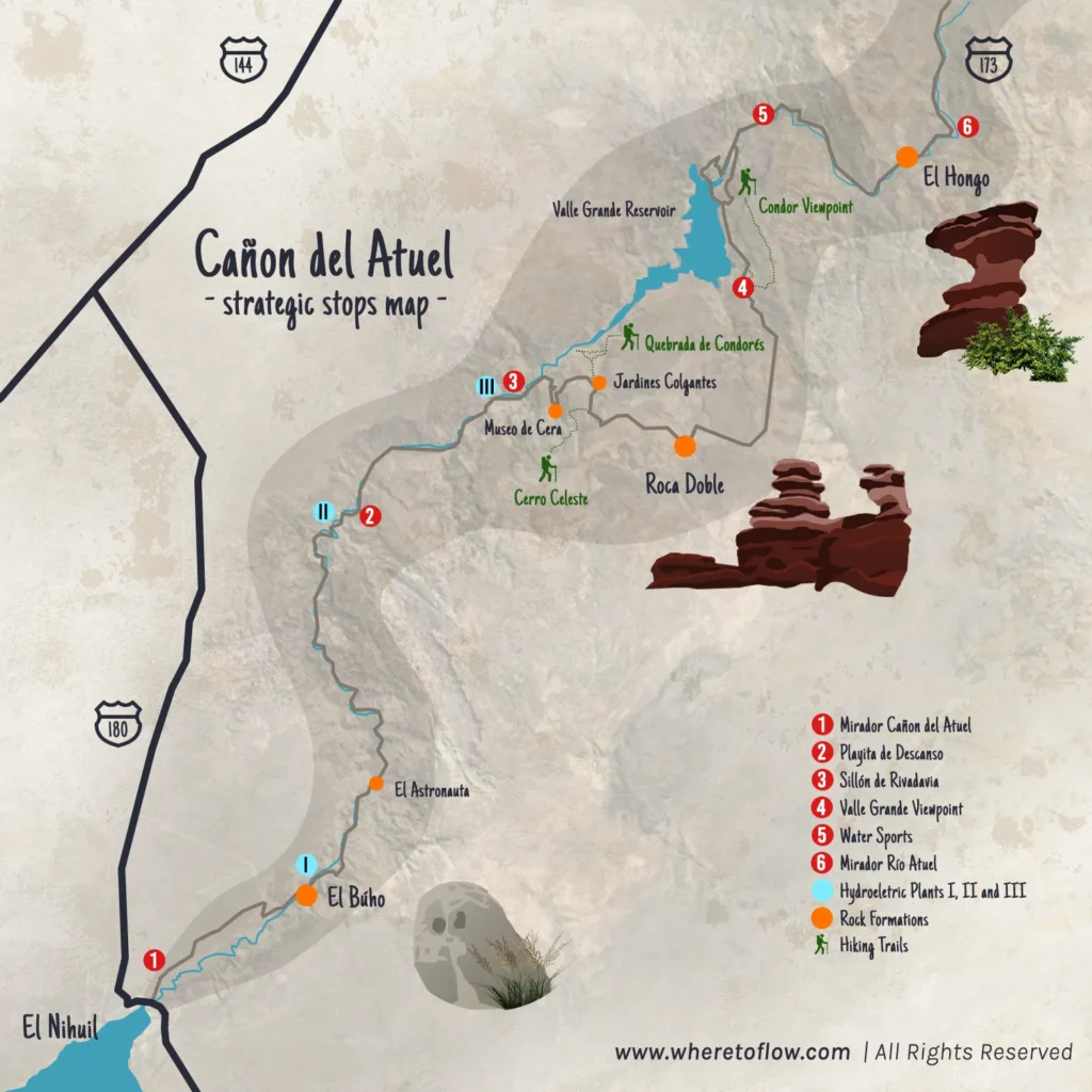 Canon del Atuel or Atuel Canyon - map of strategic stops