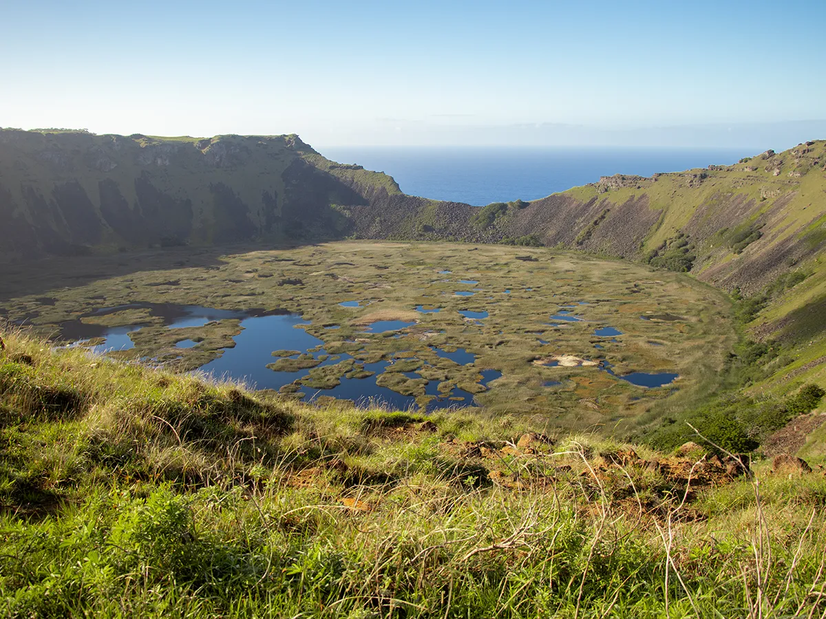Rano Kao volcano crater and Orongo Ceremonial Village